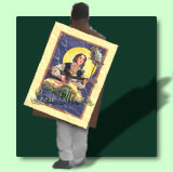 Sandwich-Mensch mit Mona Lisa Plakat